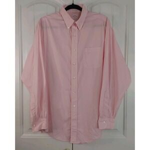 Brooks Brothers Shirt L/XL 17-5 Men Pink Vertical Striped Seersucker Long Sleeve
